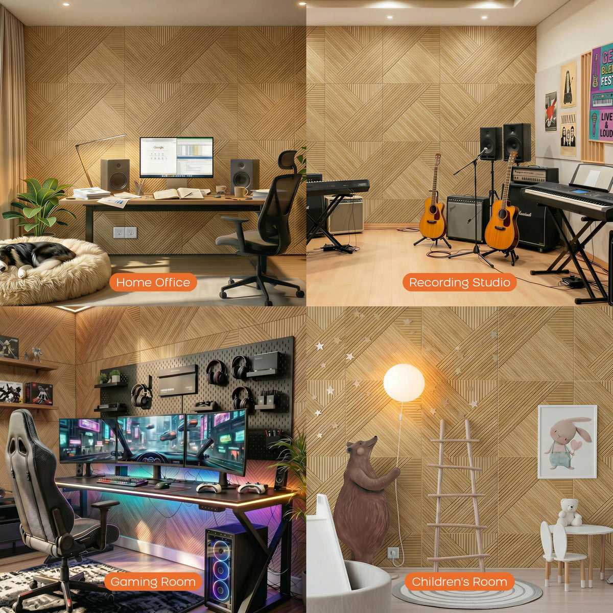 BUBOS 6 Pack Acoustic Wall Panels - High-Density Polyester Sound Absorbing Panels, Decorative Wood Print Treatment for Recording Studio & Home Office, Peel and Stick, 23.6" x 23.6"