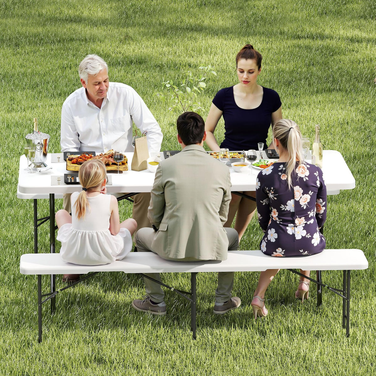 Real Relax 6' Picnic Table with 2 Benches, 3 Piece White Portable HDPE Folding Camping Table and Benches for Courtyard, Garden, Outdoor Leisure, Party