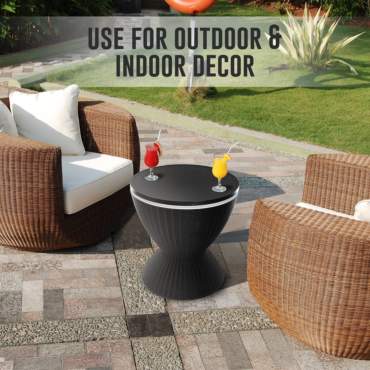 SereneLife Outdoor Cool Bar Table, 7.5 Gallon Beer and Wine Cooler, Patio Furniture & Hot Tub Side Table, Beverage Cooler, All-Weather Resistant Ice Cool Bar, Rattan Style Patio, Cocktail Bar (Black)