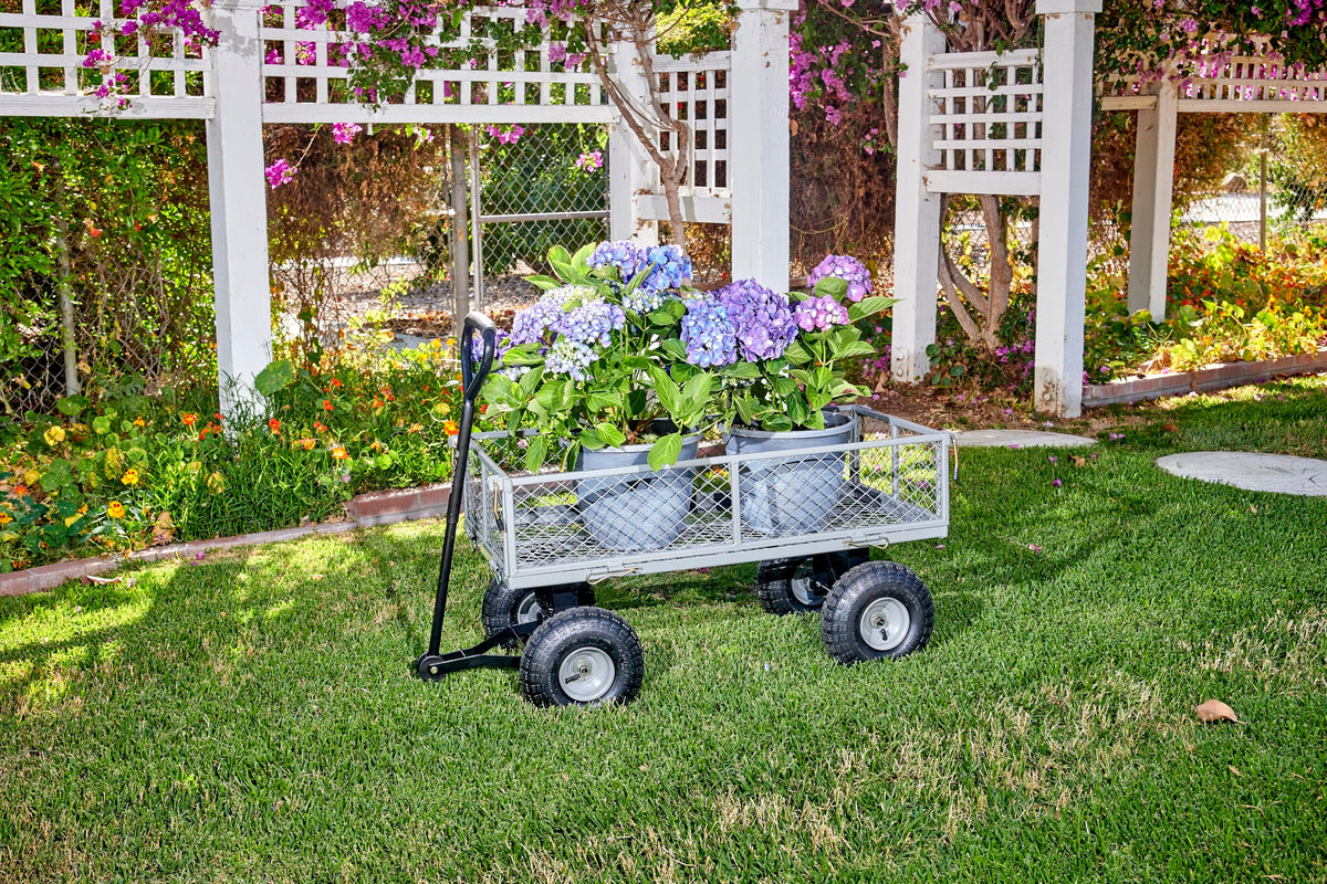 Corona Metal Landscape Cart 400 Pound Capacity Fold Down Sides 10 Inch Pneumatic Tires for Yard, Gardening, Bark, Planting