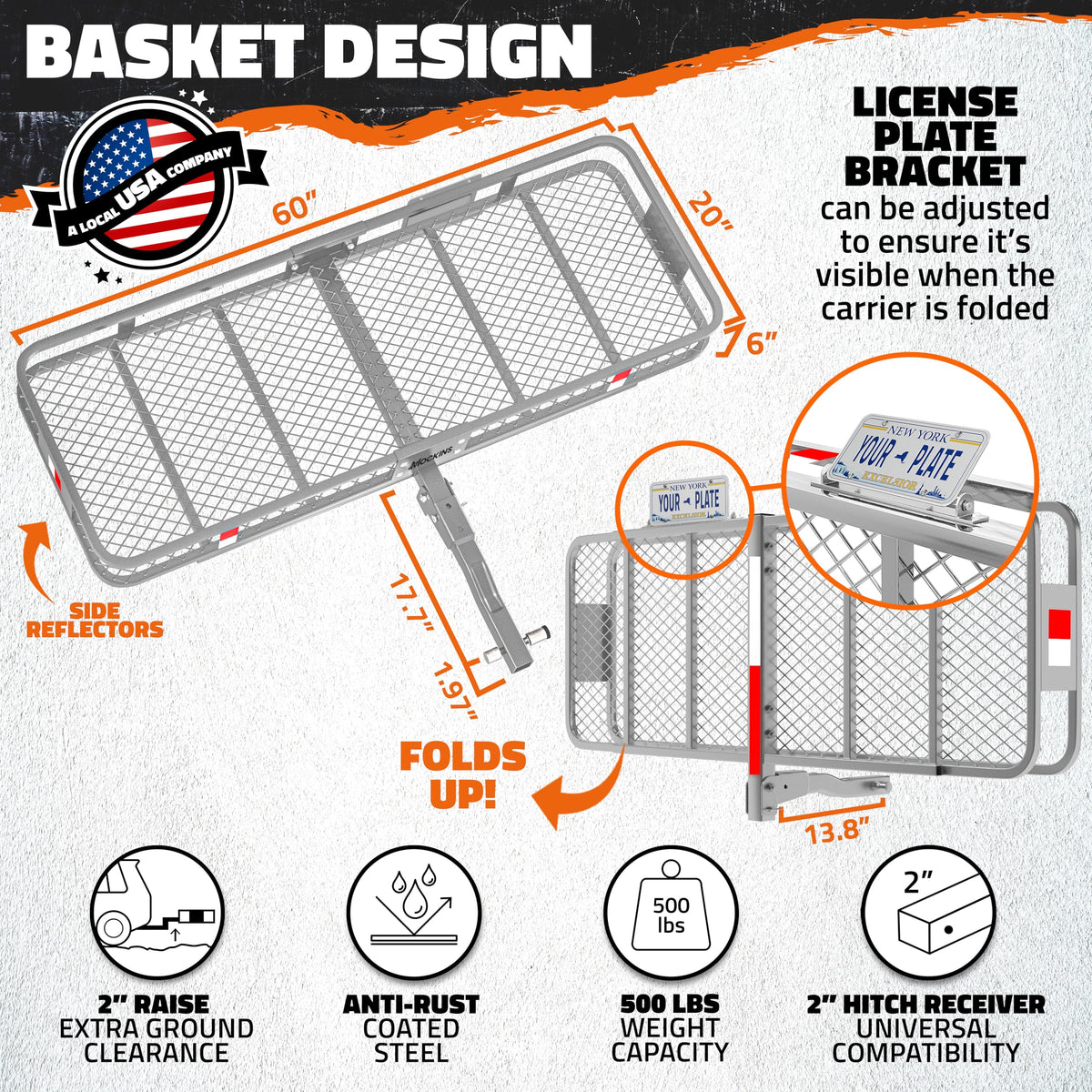Mockins 60"x20"x6" Gray Heavy Duty Trailer Hitch Cargo Carrier & 16 CuFt Waterproof Cargo Bag for Hitch Carrier | 500 Lbs. Capacity Folding Luggage Rack for SUV Car Truck Van & RV w/Cargo Accessories