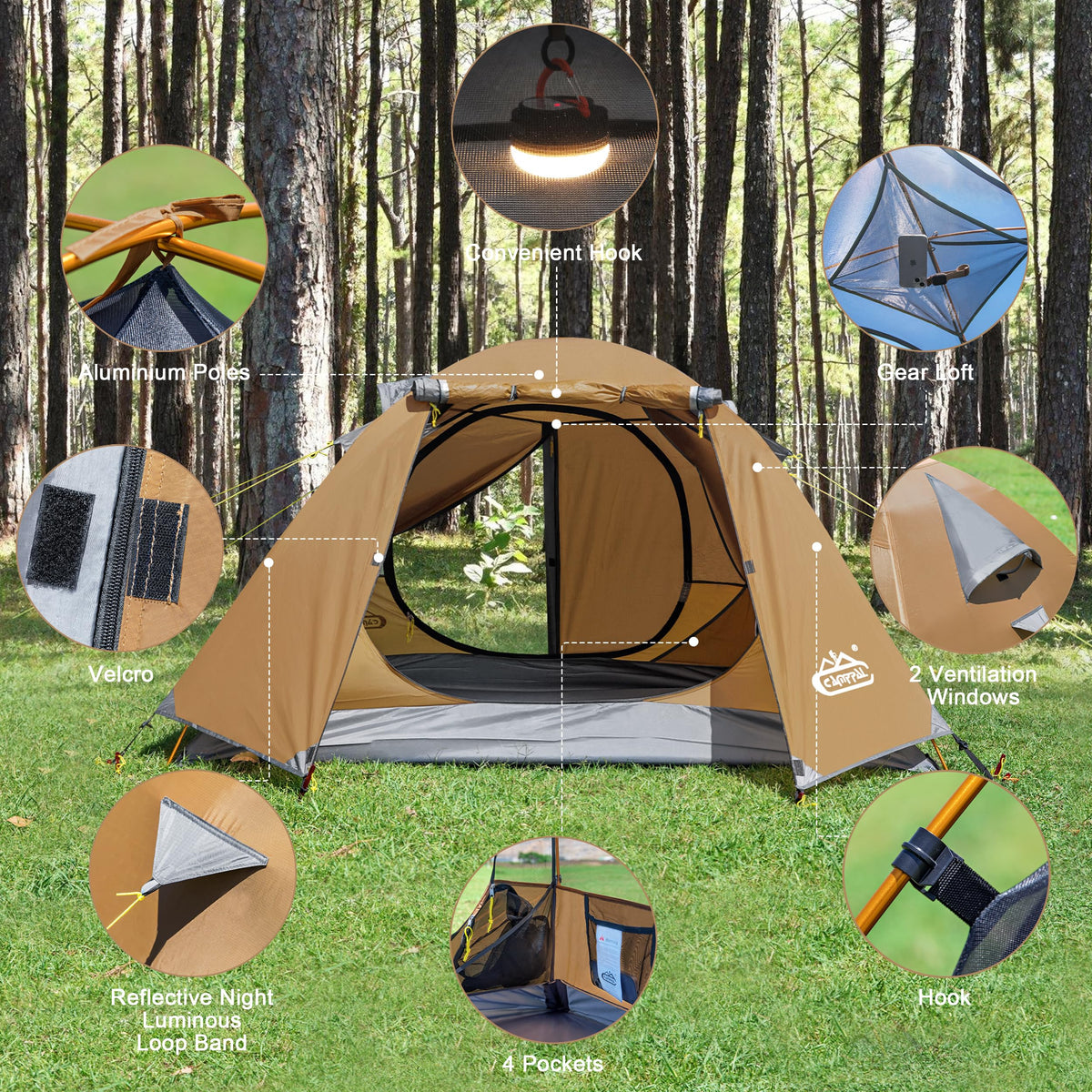 Camppal 2-3 Person Backpacking Tent, Waterproof Windproof 4 Season Tent for Camping, Easy Setup 2 Person Tent for Backpacking, Hiking, Hunting, Motor Cycling & Biking