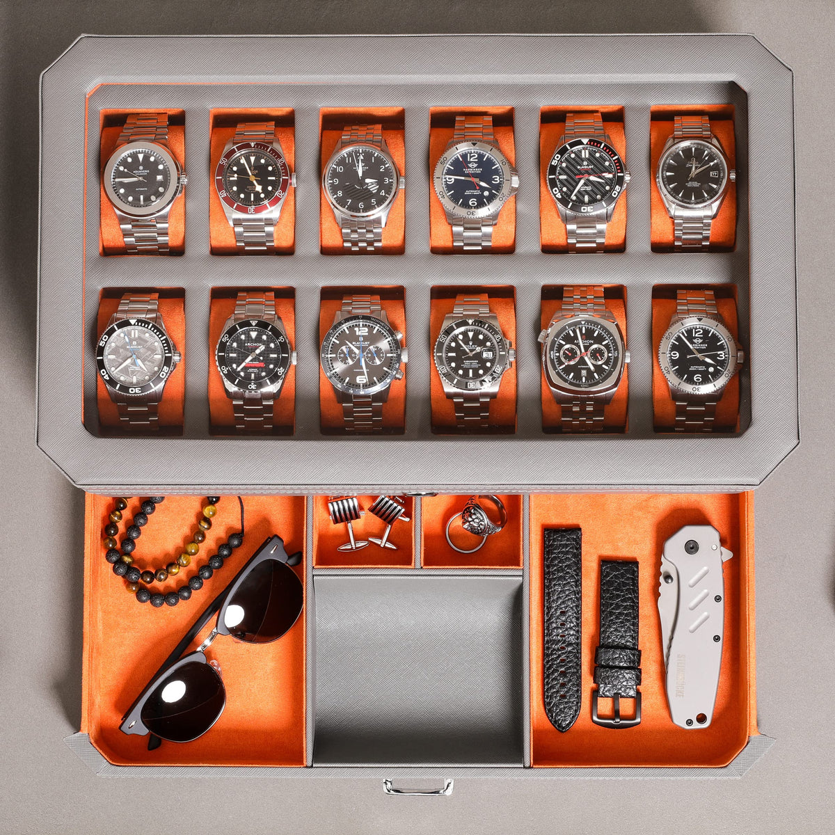 ROTHWELL 12 Slot Leather Watch Box with Valet Drawer - 12 Slot Luxury Watch Case Display Organizer, Microsuede Liner, Mens Accessories Holder, Jewelry Case, Jewelry Display Organizer (Grey/Orange)